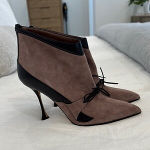 Manolo Blahnik Brown and Black Heeled Boots with Suede and Patent Leather